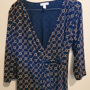 Charter Club Navy and Gold Chain Print Blouse